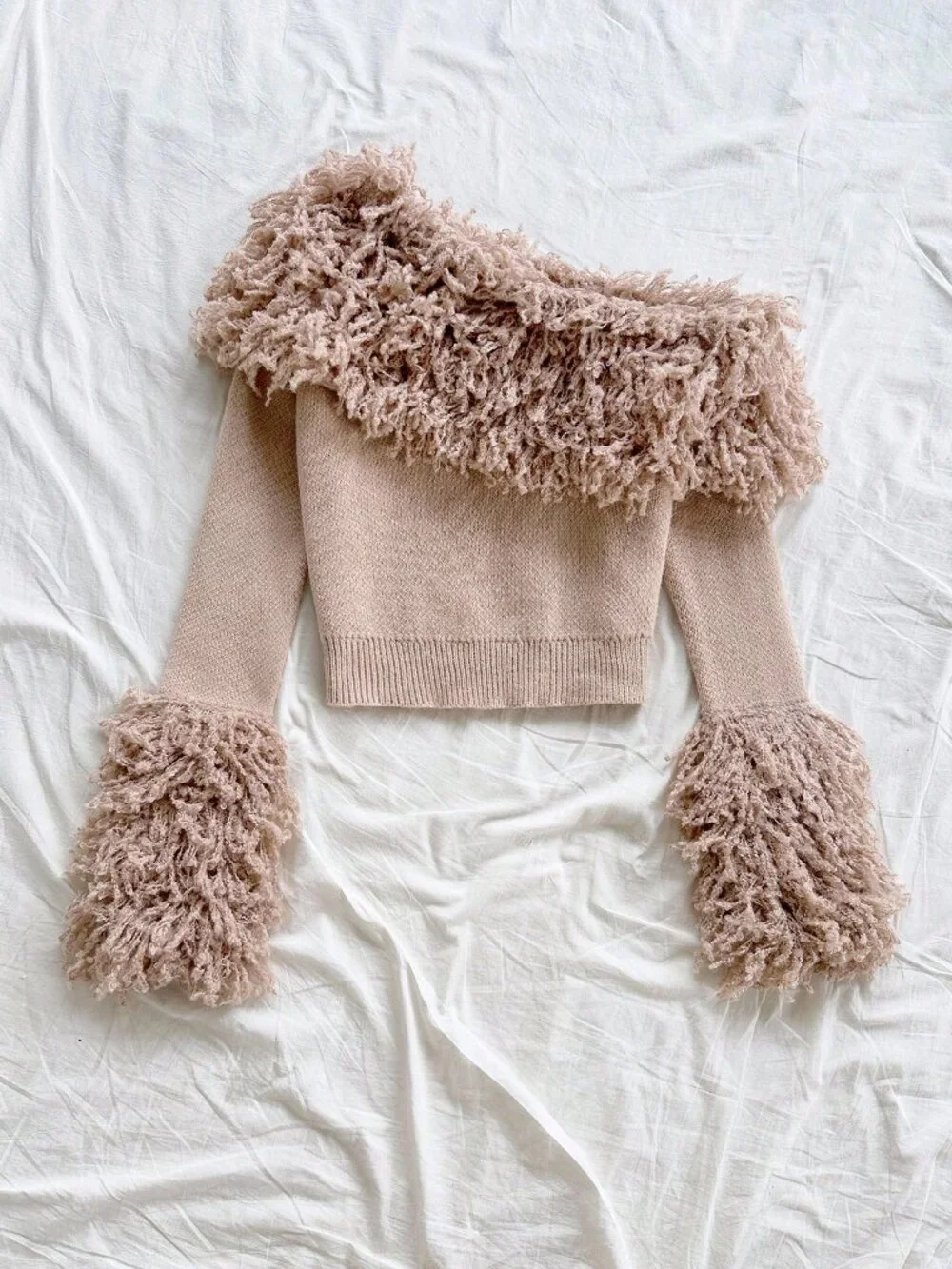 Apricot Casual Women's Contrast Faux Fur Rib-Knit Off The Shoulder Pullovers